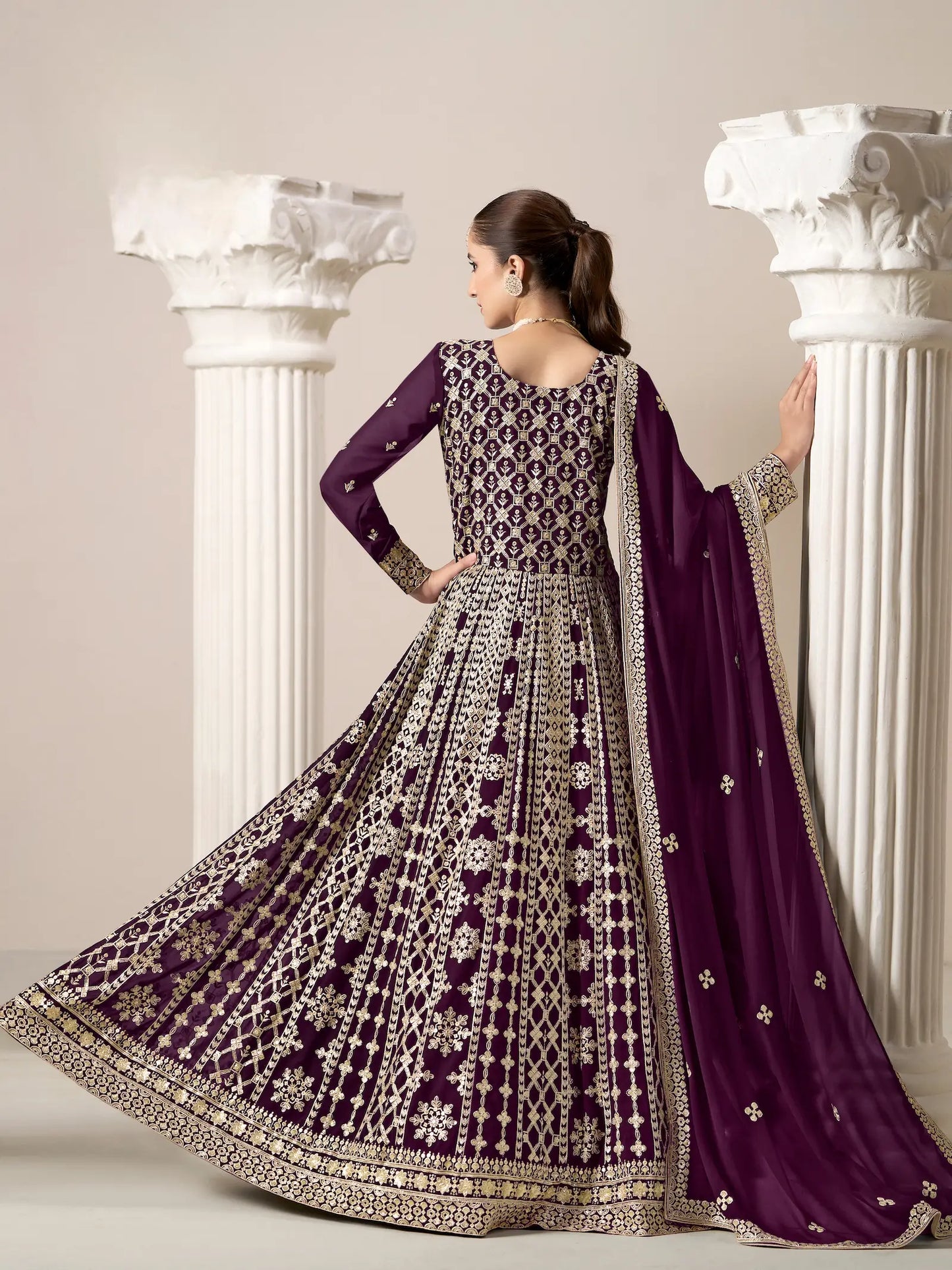 Wine Georgette Gown With Sequence & Thread Embroidery Work