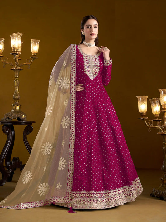 Dark Pink Chanderi Silk Gown With Zari Weaving Work,Sequence & Thread Embroidery Work