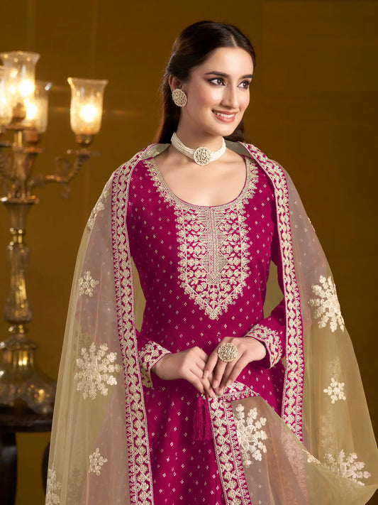 Dark Pink Chanderi Silk Gown With Zari Weaving Work,Sequence & Thread Embroidery Work