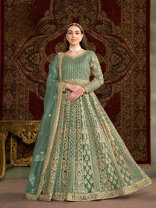 Pista Green Net Gown With Sequence & Zari Embroidery Work