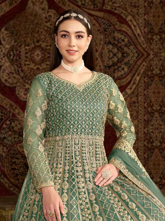 Pista Green Net Gown With Sequence & Zari Embroidery Work