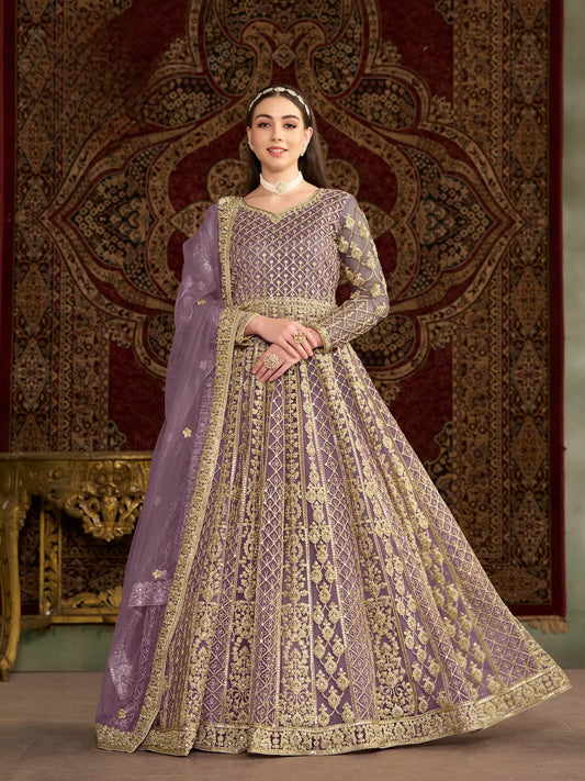 Lavender Net Gown With Sequence & Zari Embroidery Work