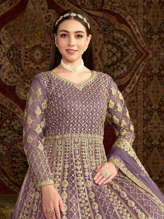 Lavender Net Gown With Sequence & Zari Embroidery Work