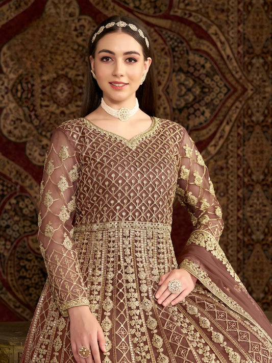 Light Brown Net Gown With Sequence & Zari Embroidery Work