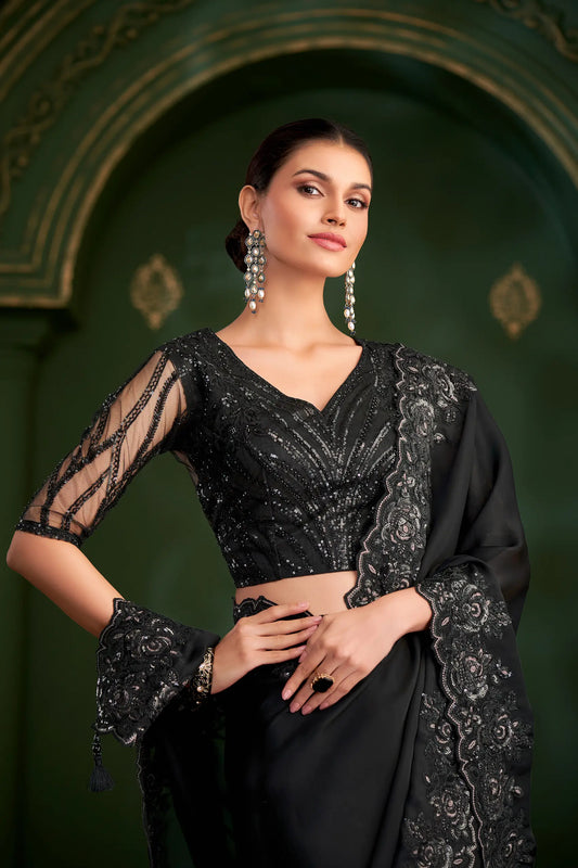 Hot Black Satin georgette Heavy Embroidery Saree