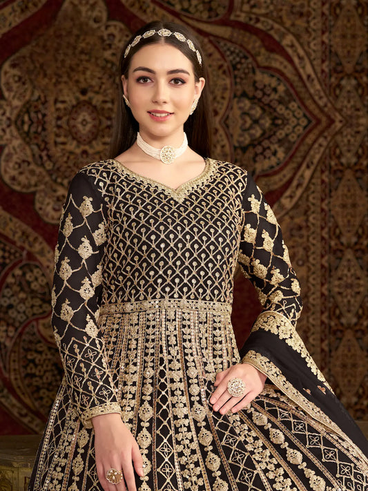 Black Net Gown With Sequence & Zari Embroidery Work