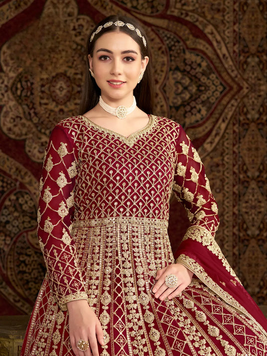 Dark Red Net Gown With Sequence & Zari Embroidery Work