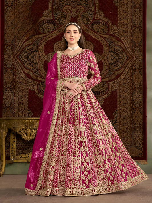Dark Pink Net Gown With Sequence & Zari Embroidery Work