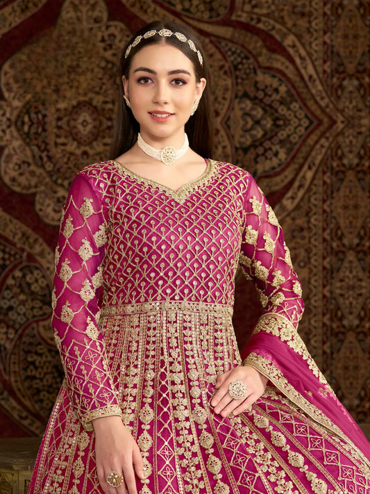 Dark Pink Net Gown With Sequence & Zari Embroidery Work
