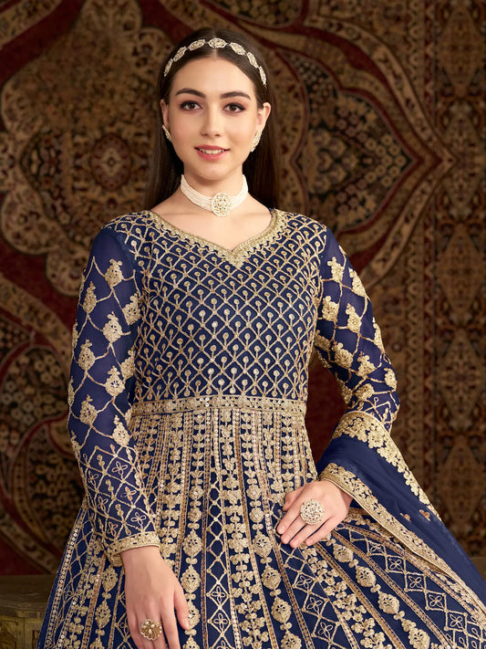 Navy Blue Net Gown With Sequence & Zari Embroidery Work