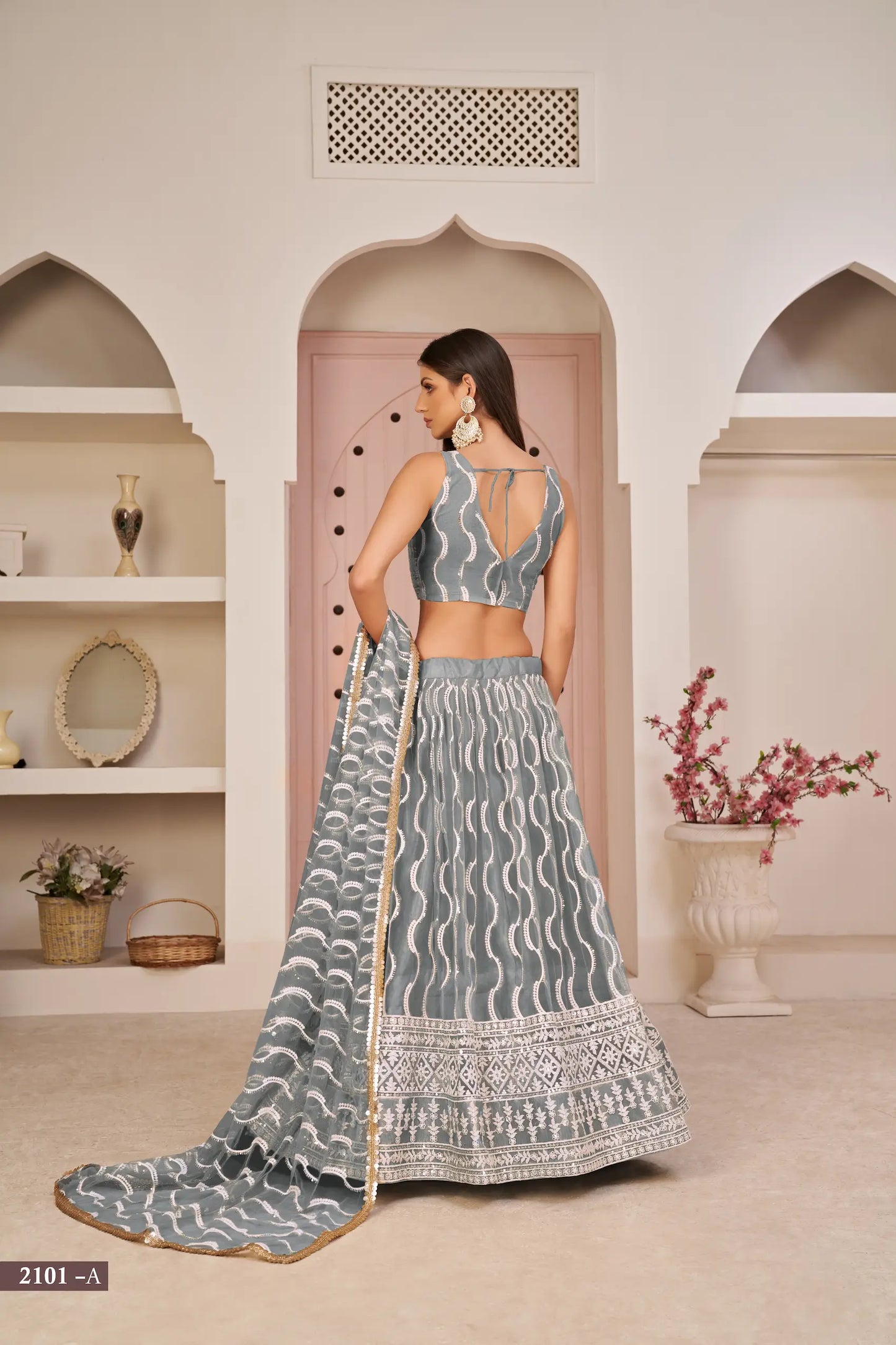 Grey Net Lehenga Choli With White Cotton Thread Work, Zari Work & Sequence Work