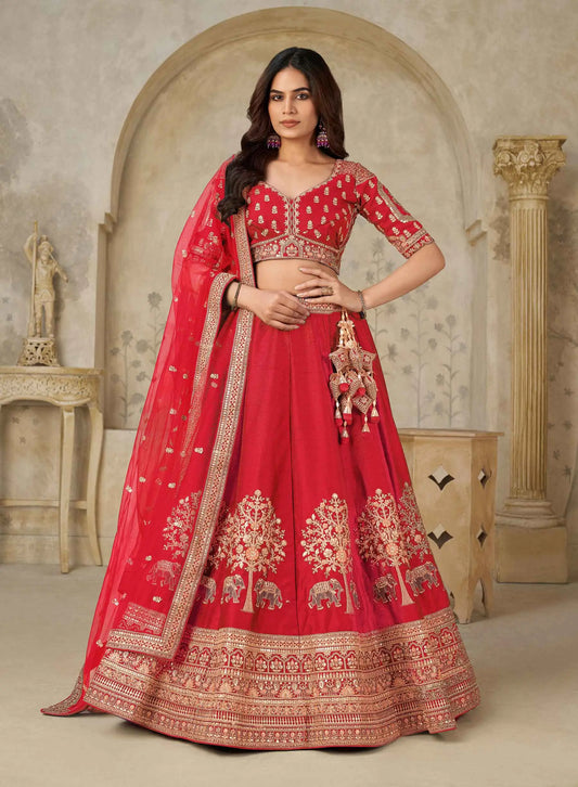Red Bridal Lehenga Ensemble With Elephant Motifs
