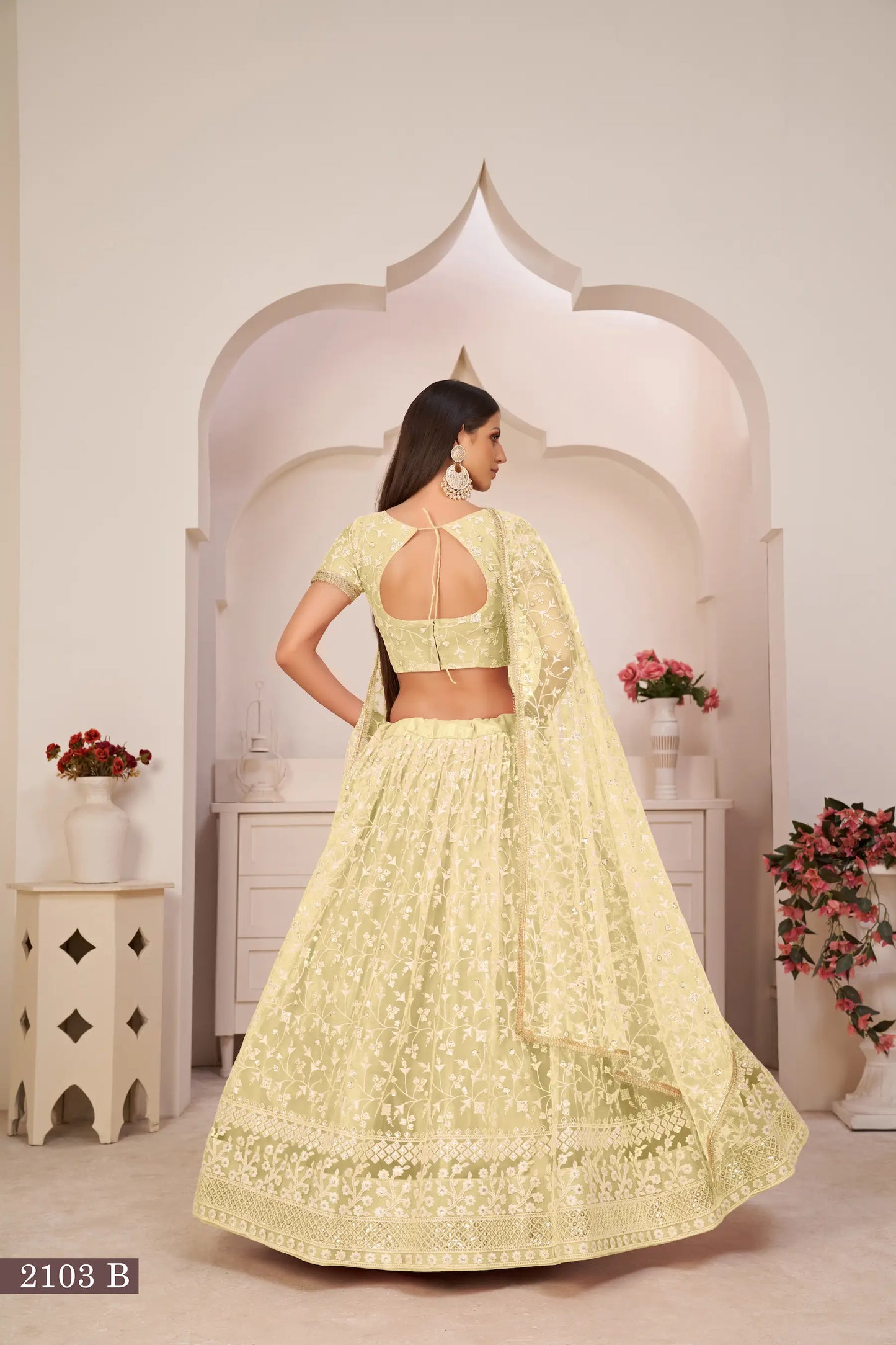 Lemon Yellow Net Lehenga Choli With White Cotton Thread Work, Zari Work & Sequence Work