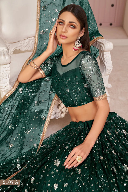 Green Net Lehenga Choli With White Cotton Thread Work, Zari Work & Sequence Work