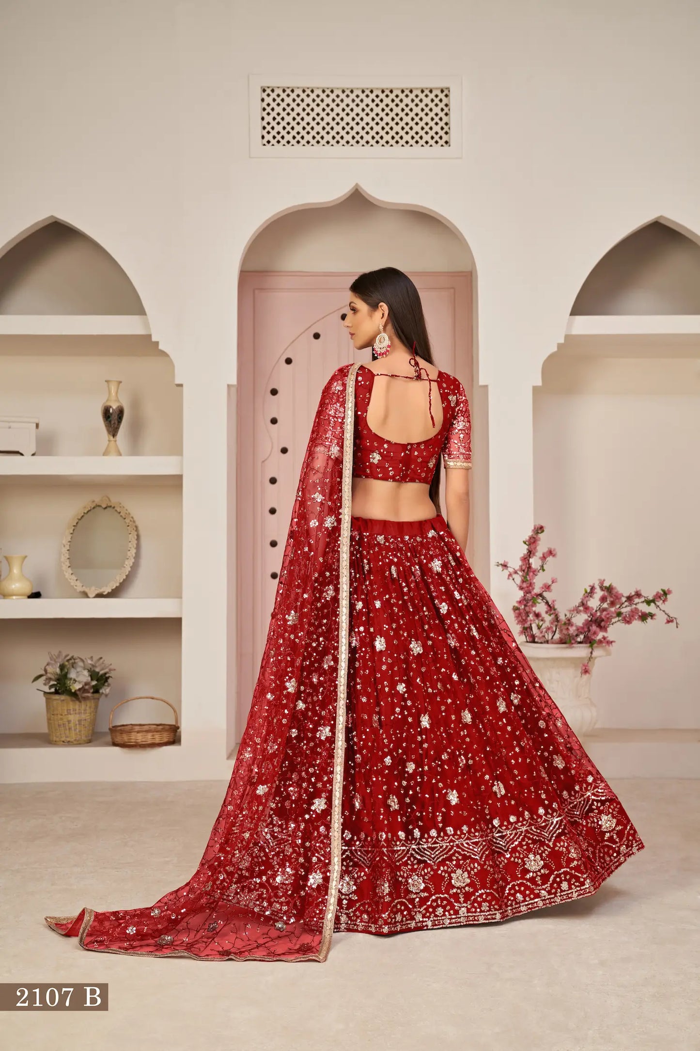 Red Net Lehenga Choli With White Cotton Thread Work, Zari Work & Sequence Work