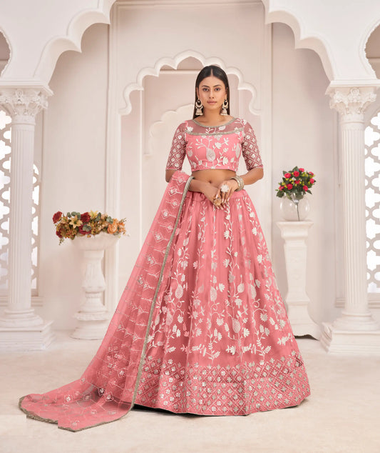 Rose Pink Net Lehenga Choli With White Cotton Thread Work, Zari Work & Sequence Work