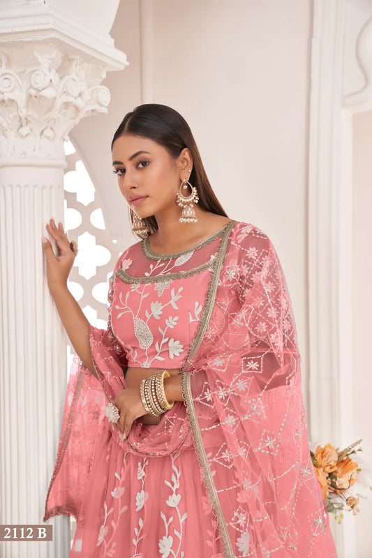 Rose Pink Net Lehenga Choli With White Cotton Thread Work, Zari Work & Sequence Work