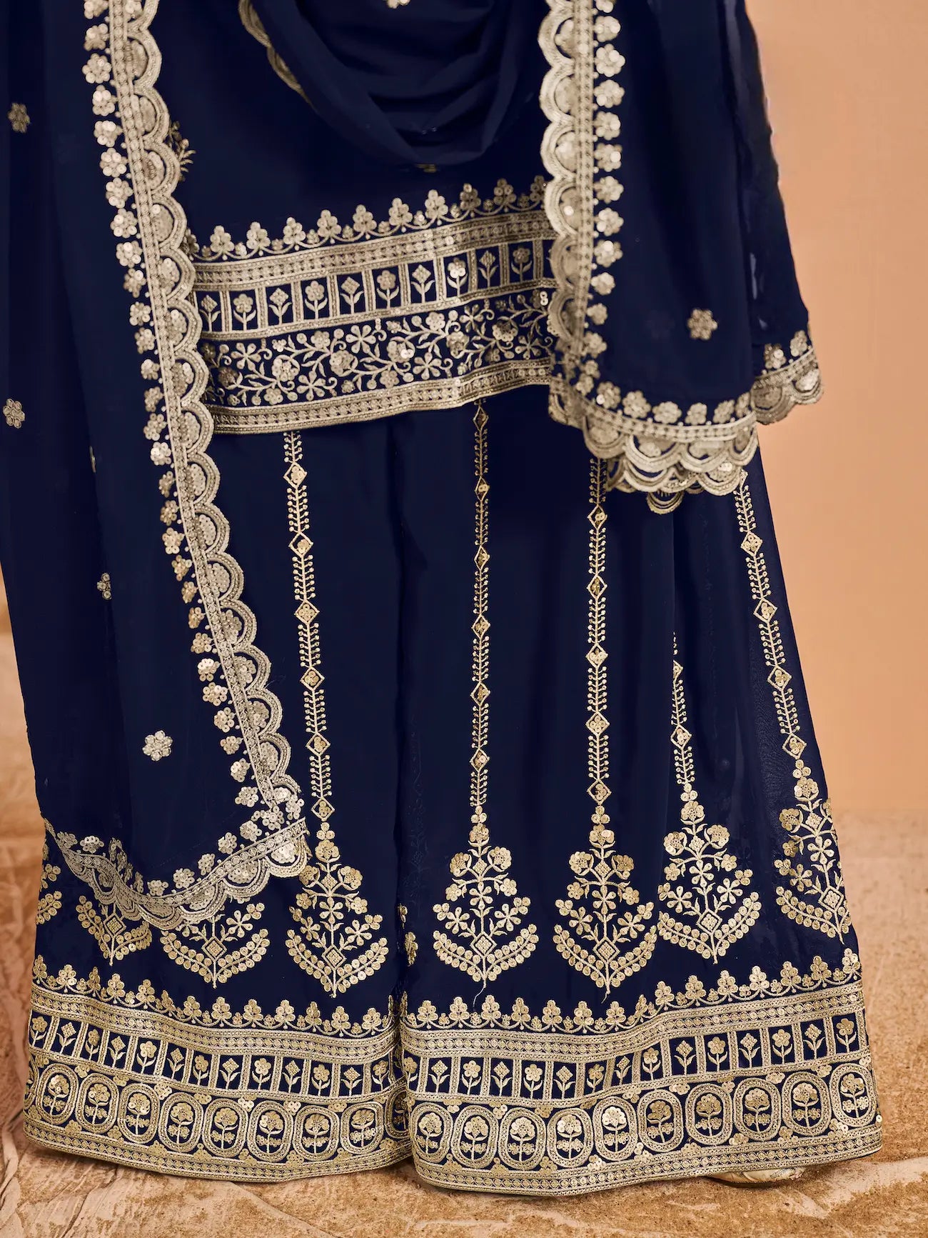 Navy Blue Georgette Palazzo Salwar Suit With Thread & Sequins Embroidery Work