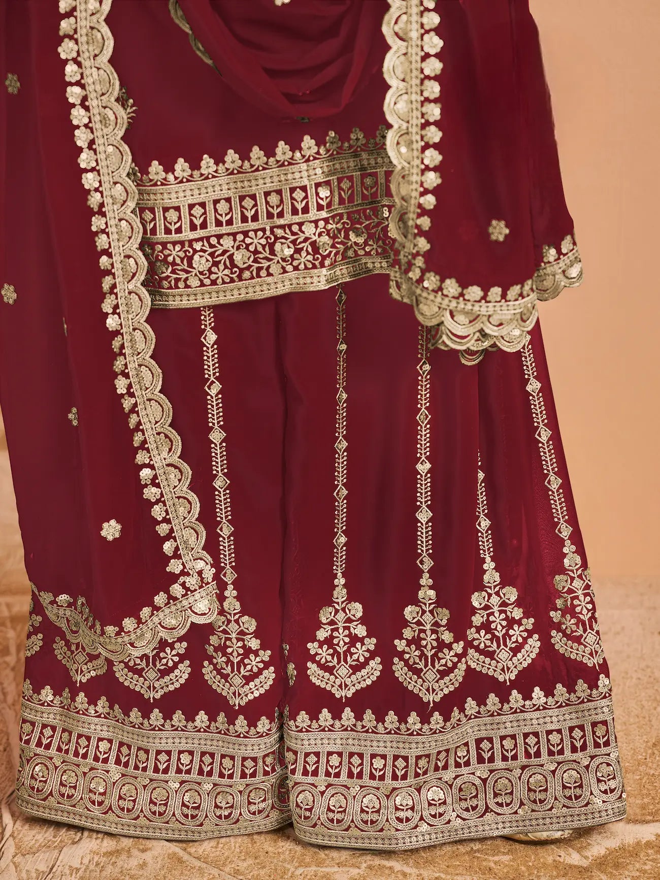 Maroon Georgette Palazzo Salwar Suit With Thread & Sequins Embroidery Work