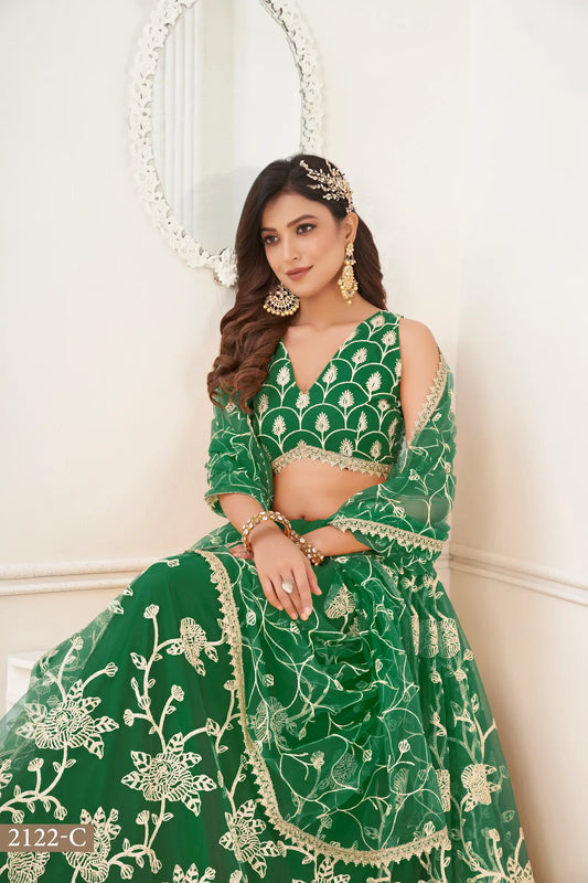 Green Net Lehenga Choli With White Cotton Thread Work, Zari Work & Sequence Work
