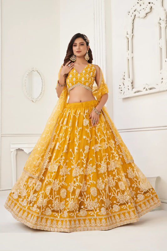 Yellow Net Lehenga Choli With White Cotton Thread Work, Zari Work & Sequence Work