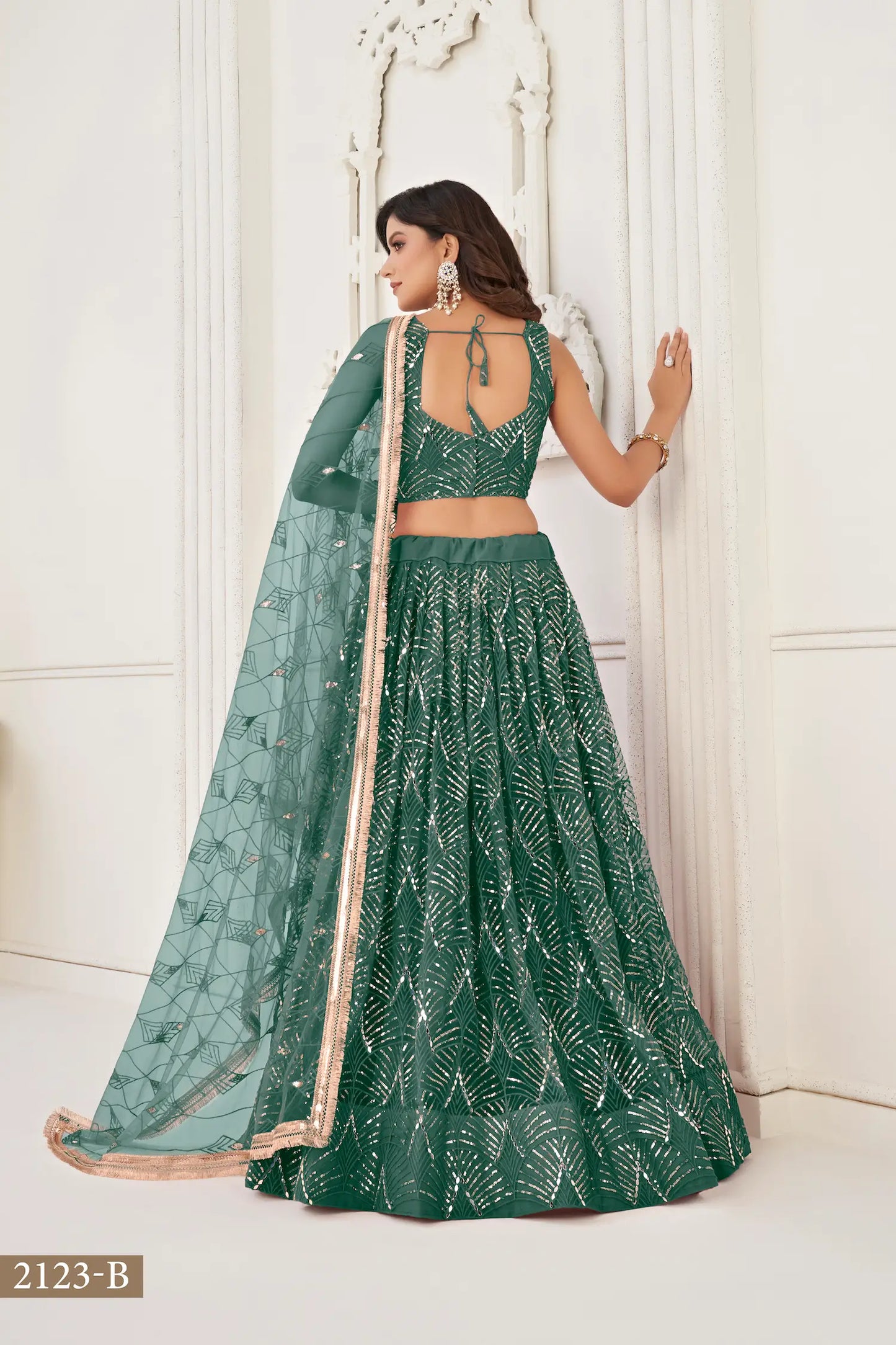 Bottle Green Net Lehenga Choli With Thread Work, Mirror Work & Sequence Embroidery Work