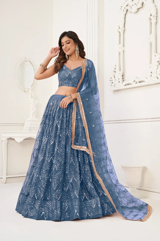 Teal Blue Net Lehenga Choli With Thread Work, Mirror Work & Sequence Embroidery Work