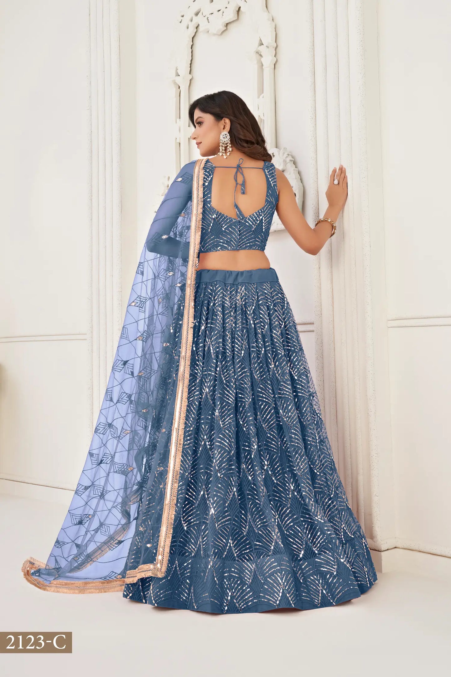 Teal Blue Net Lehenga Choli With Thread Work, Mirror Work & Sequence Embroidery Work