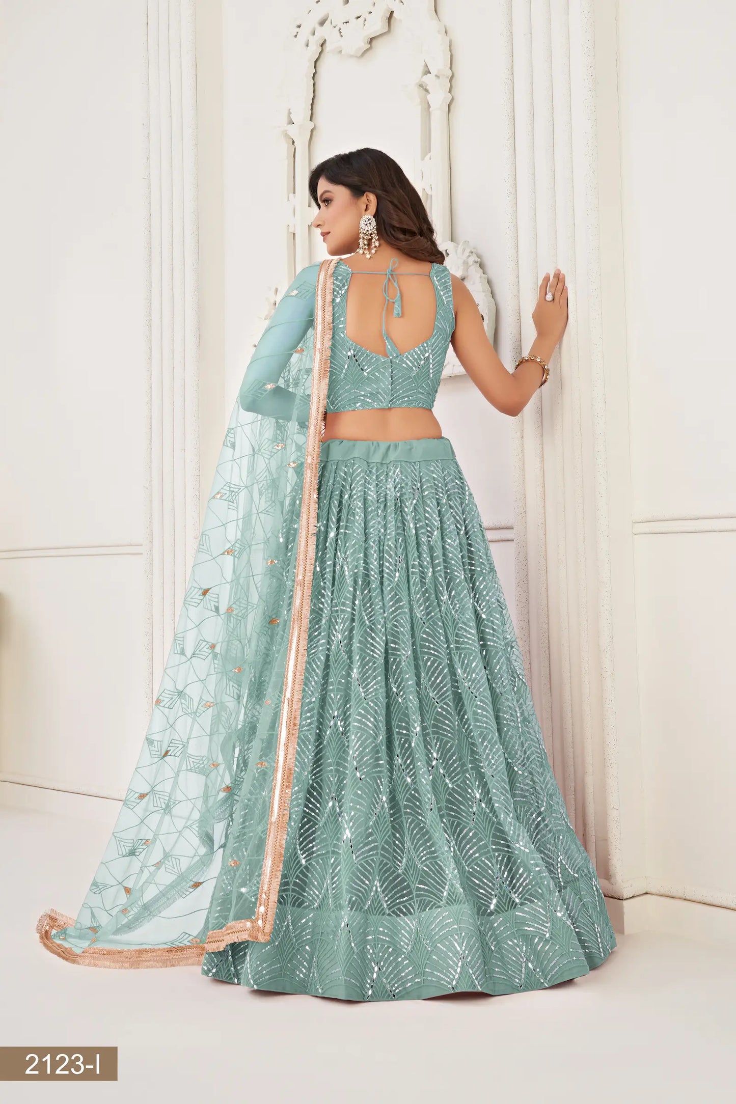 Ocean Blue Net Lehenga Choli With Thread Work, Mirror Work & Sequence Embroidery Work