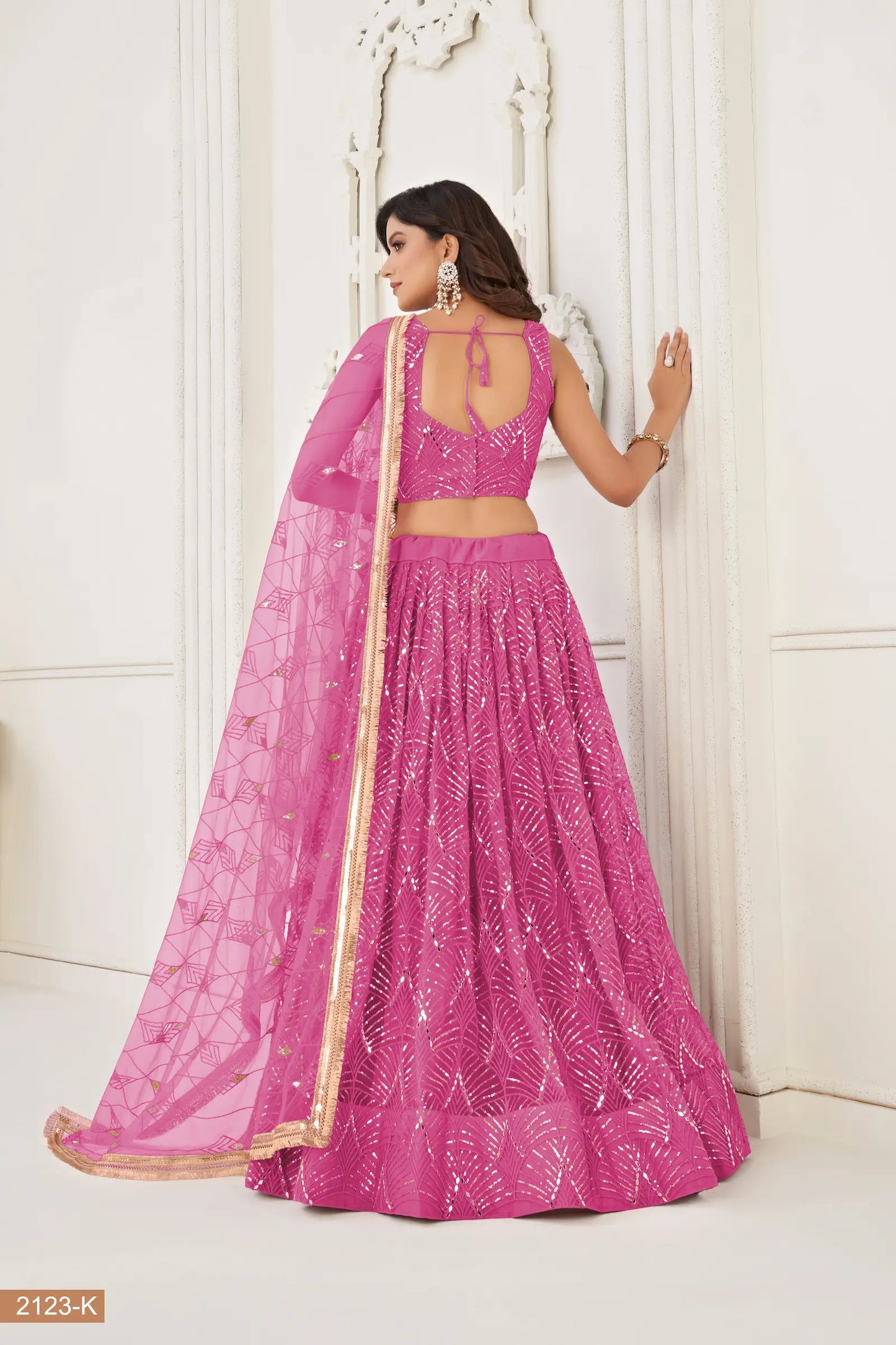 Pink Net Lehenga Choli With Thread Work, Mirror Work & Sequence Embroidery Work