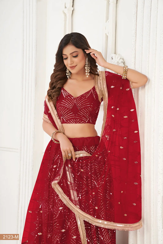 Maroon Net Lehenga Choli With Thread Work, Mirror Work & Sequence Embroidery Work