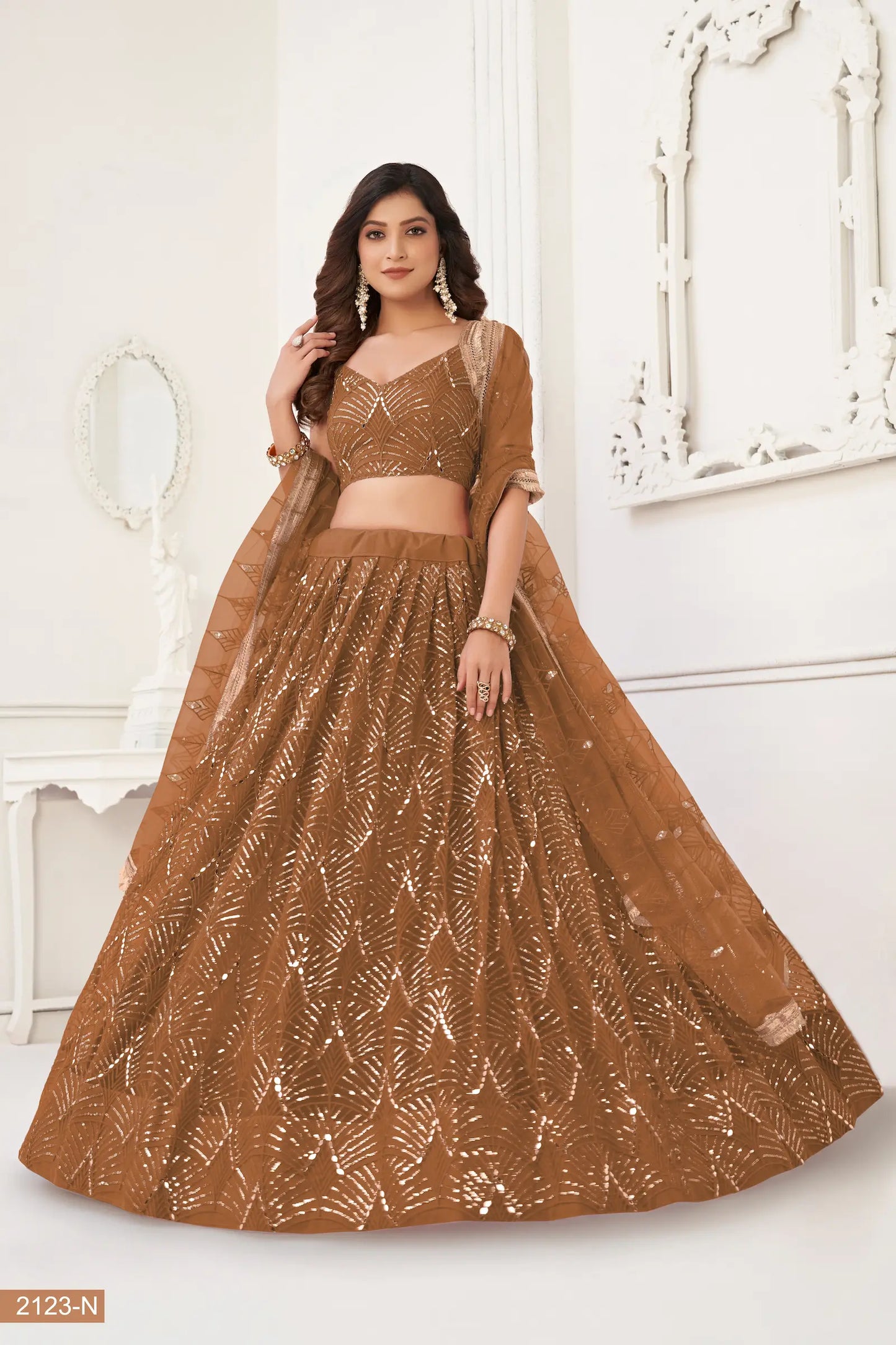 Brown Net Lehenga Choli With Thread Work, Mirror Work & Sequence Embroidery Work
