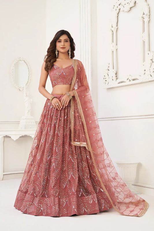 Dusty Onion Net Lehenga Choli With Thread Work, Mirror Work & Sequence Embroidery Work