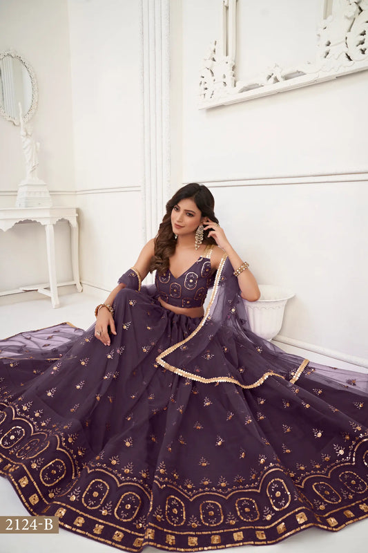 Dusty Wine Net Lehenga Choli With Thread Work & Sequence Work
