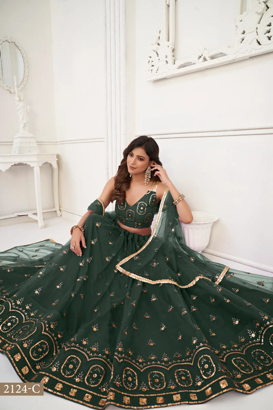 Dark Green Net Lehenga Choli With Thread Work & Sequence Work