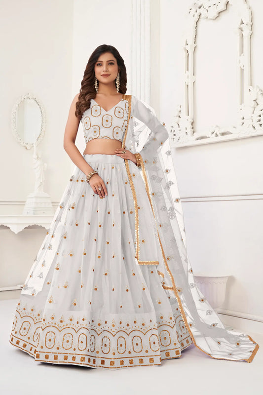 Off White Net Lehenga Choli With Thread Work & Sequence Work