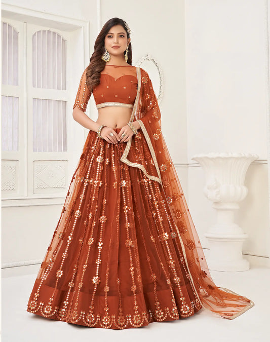 Brown Net Lehenga Choli With Thread Work & Paper Mirror Work With Fancy Lace