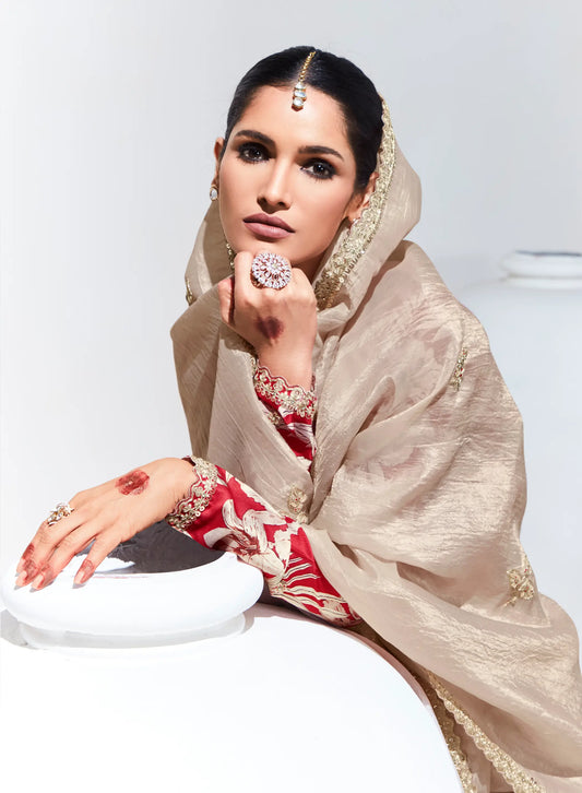 Beige Glass Organza Saree With Digital Print, Sequence & Thread Embroidery Work