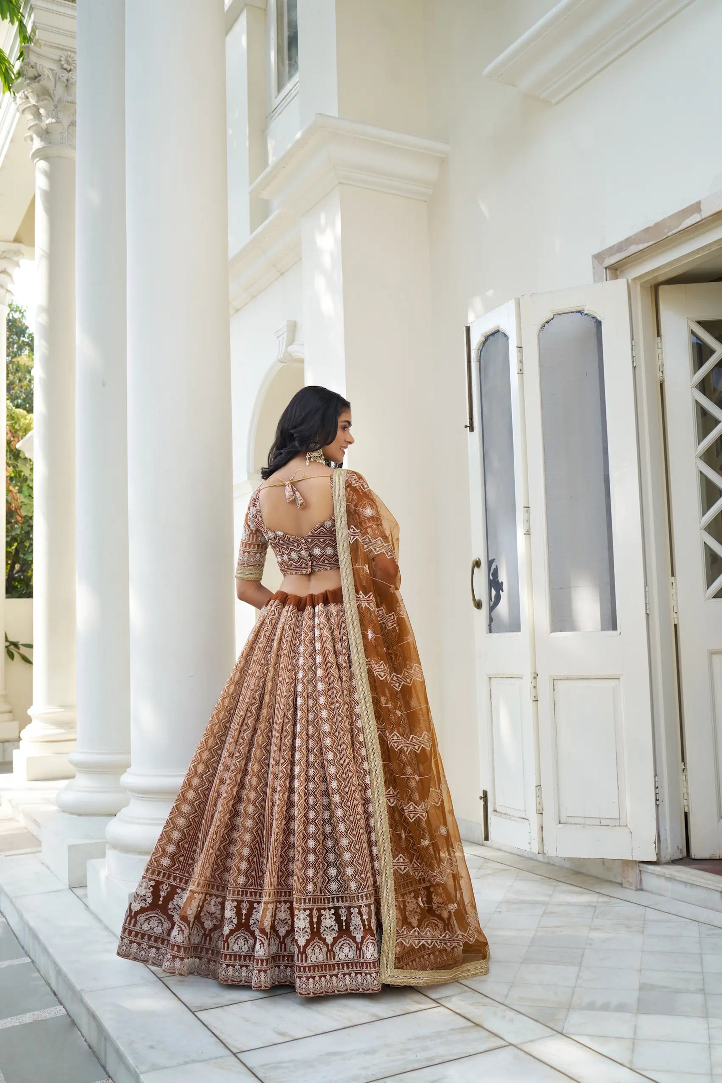 Brown Net Lehenga Choli With Cotton Thread Work & Sequence Embroidery Work