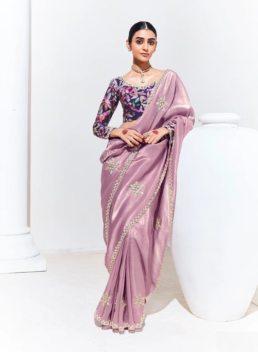 Dusty Pink Glass Organza Saree With Digital Print, Sequence & Thread Embroidery Work