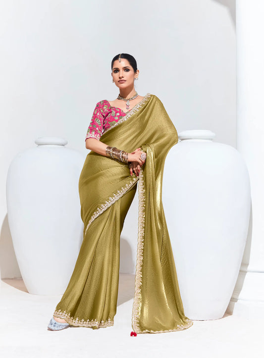 Olive Green Glass Organza Saree With Digital Print, Sequence & Thread Embroidery Work