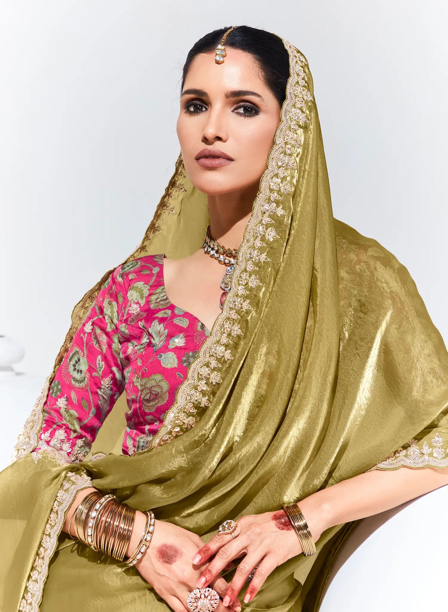 Olive Green Glass Organza Saree With Digital Print, Sequence & Thread Embroidery Work