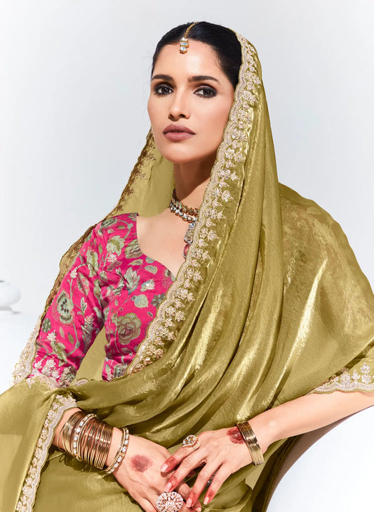 Olive Green Glass Organza Saree With Digital Print, Sequence & Thread Embroidery Work