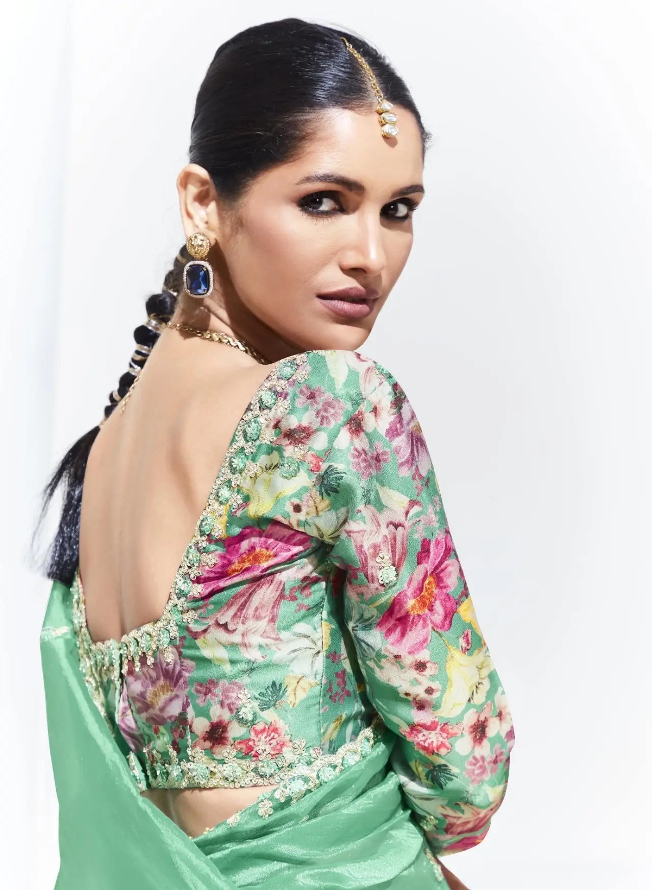 Pista Green Glass Organza Saree With Digital Print, Sequence & Thread Embroidery Work