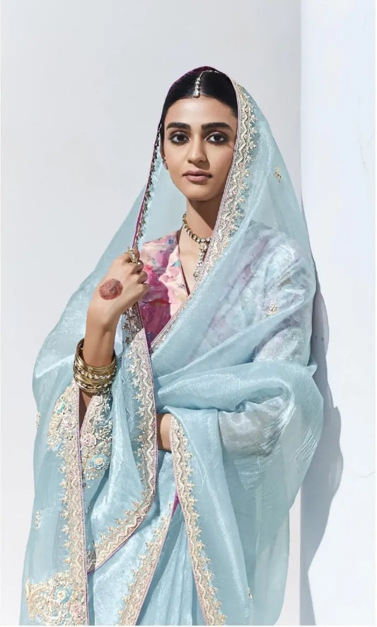 Sky Blue Glass Organza Saree With Digital Print, Sequence & Thread Embroidery Work