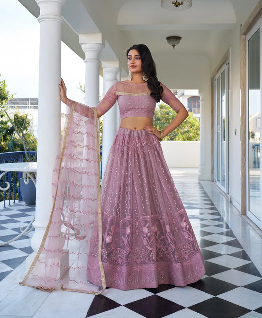Dusty Pink Net Lehenga Choli With Cotton Thread Work & Sequence Embroidery Work