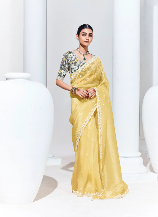 Lime Yellow Glass Organza Saree With Digital Print, Sequence & Thread Embroidery Work
