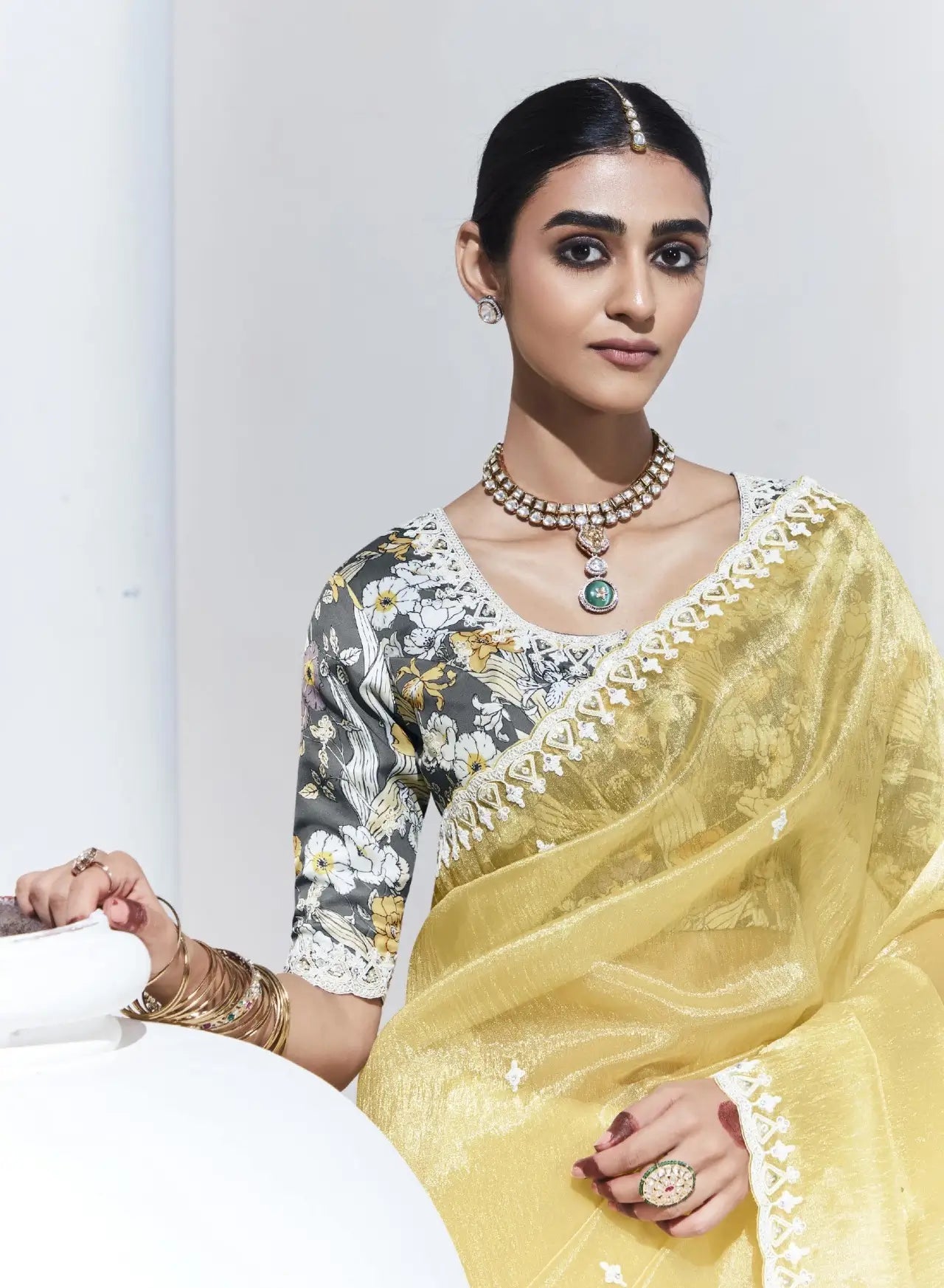 Lime Yellow Glass Organza Saree With Digital Print, Sequence & Thread Embroidery Work