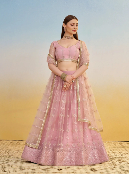 Light Pink Net Lehenga Choli With Thread & Sequins Embroidery Work