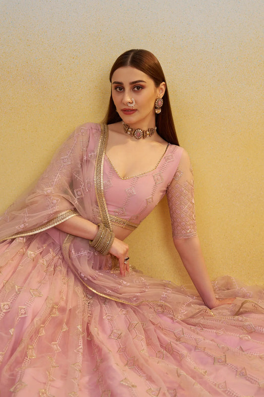 Light Pink Net Lehenga Choli With Thread & Sequins Embroidery Work
